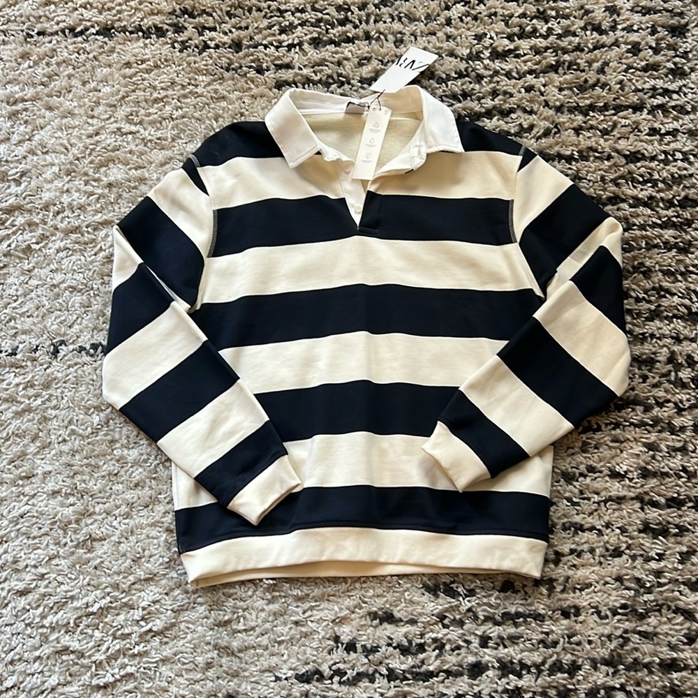 Zara Black and White Striped Polo Shirt